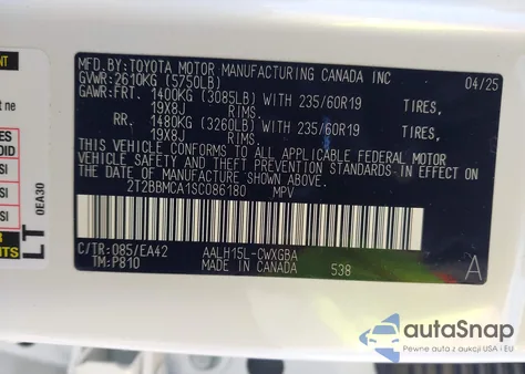 2025 Lexus Rx 350H Premium z USA, uszkodzony, nr VIN 2T2BBMCA1SC086180